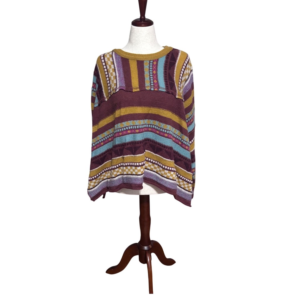 Bohemian Geometric Pattern Earth Tones Oversized Cozy Poncho‎ Sweater| Small